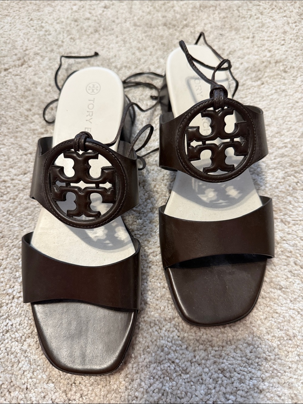 Tory Burch Dark Brown Leather Logo Lace-Up Sandals